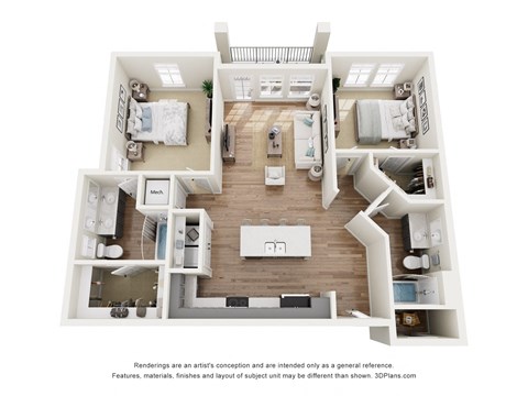 Floor plan for 2 beds, 2 baths, 1116 sqft
